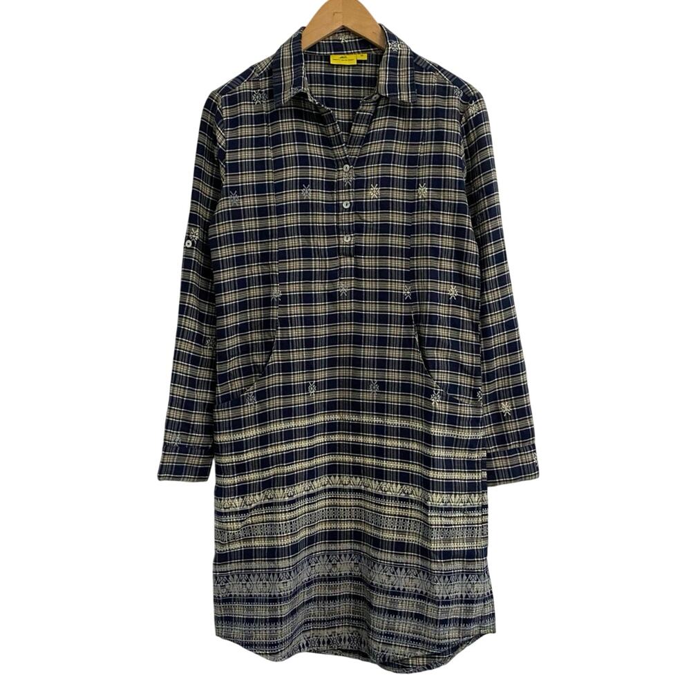 Roller Rabbit Plaid Embroidered Dress XS Roll Tab Sleeves Pocket Coastal Cowgirl
